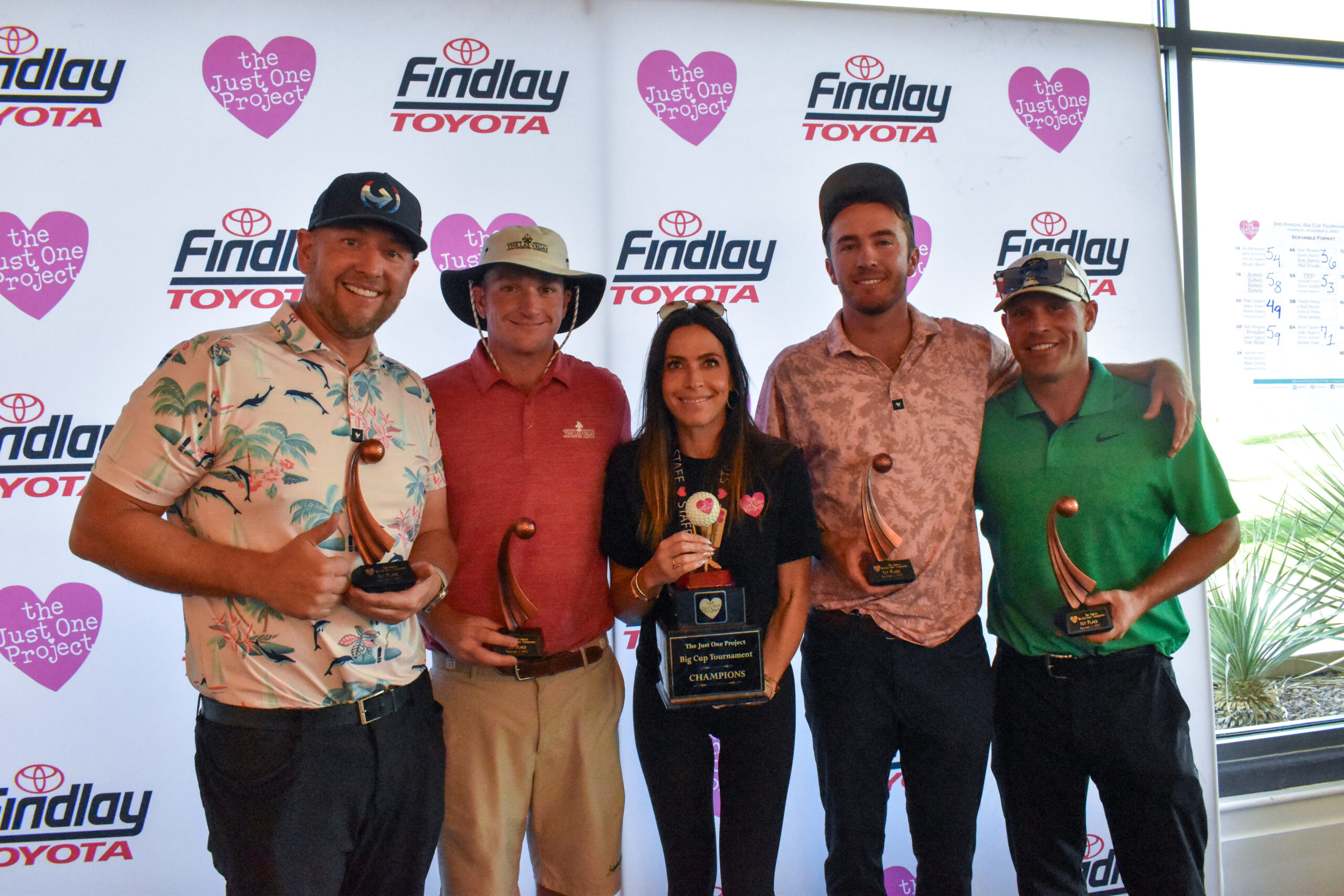 A group of golfers standing holding a trophy.