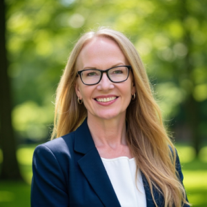 A woman with glasses and long blonde hair.